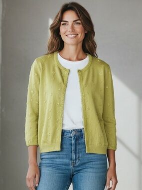 INC Yellow Lime Sequin-Embellished Crewneck Cardigan